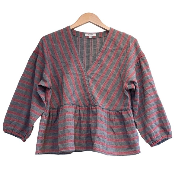 Madewell Striped Bubble Sleeve Peplum Top, Red/Grey, Large - Picture 8 of 10